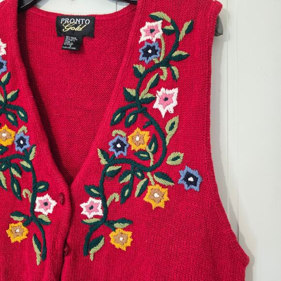 Vintage Sweater Vest Pronto Gold Floral Embroidered Red Knit Buttons L - Picture 4 of 8
